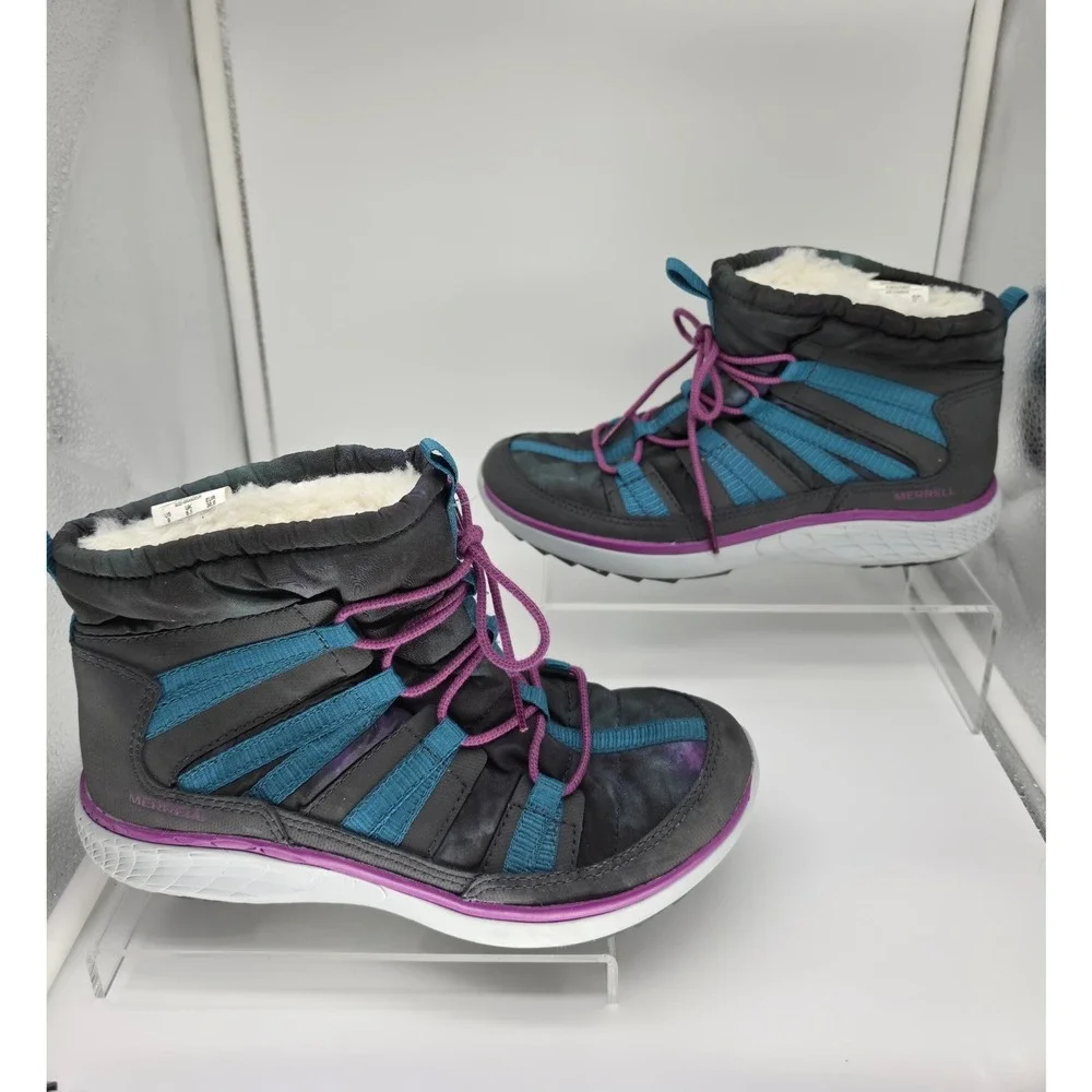 Merrell Pechora Pull On Boots Womens Grey Purple Teal Faux Fur Lined Size 8